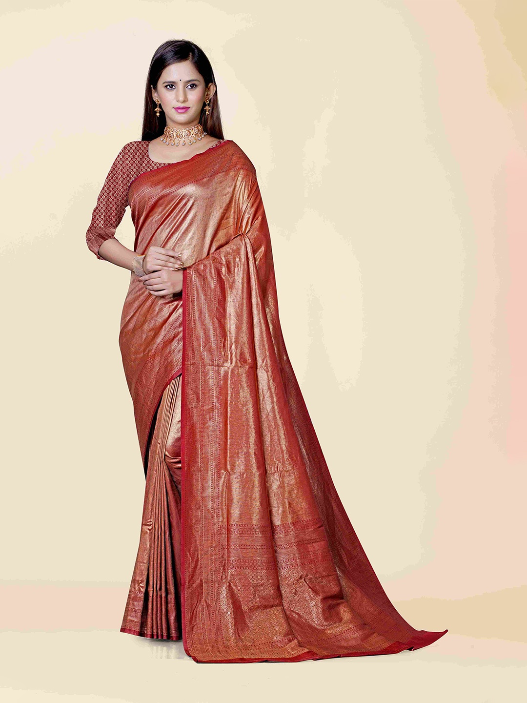 

KAJREE Red & Gold-Toned Woven Design Zari Tissue Dharmavaram Saree