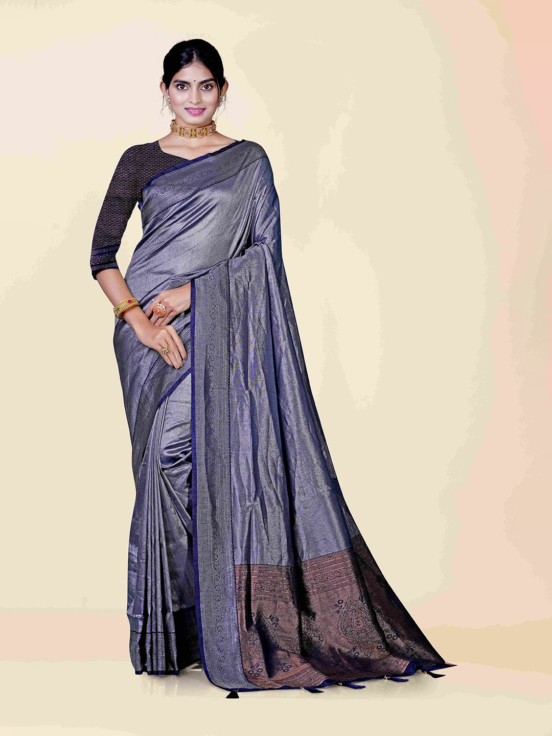 

KAJREE Navy Blue & Gold-Toned Woven Design Zari Brocade Dharmavaram Saree