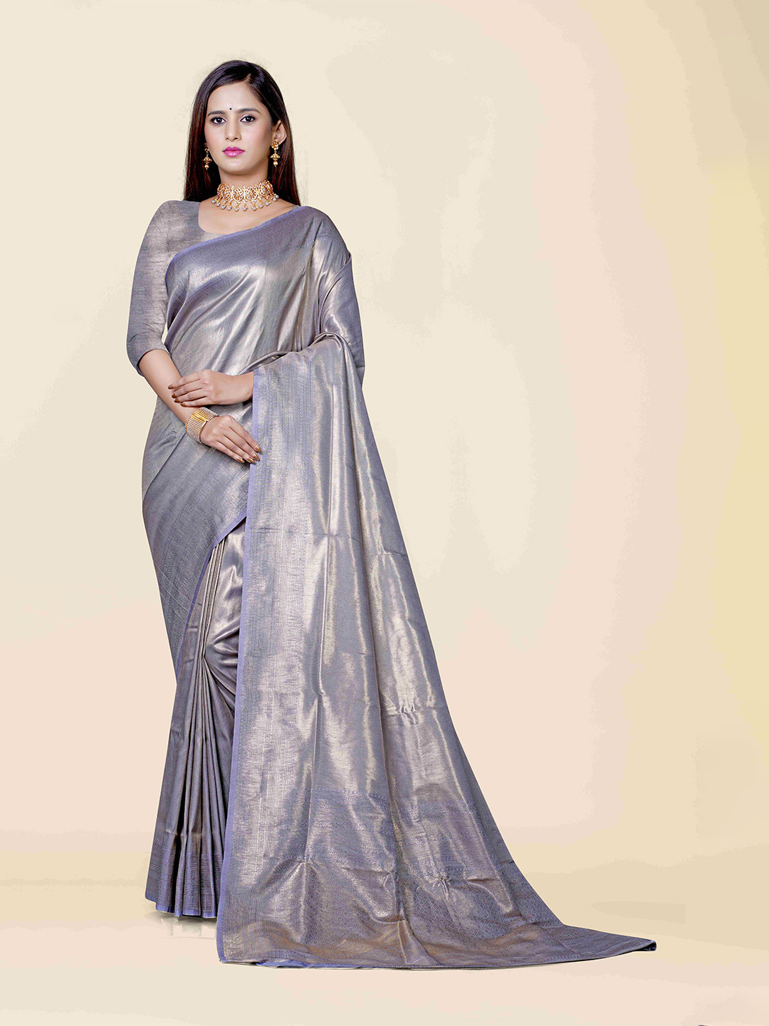 

KAJREE Grey & Gold-Toned Woven Design Zari Brocade Dharmavaram Saree