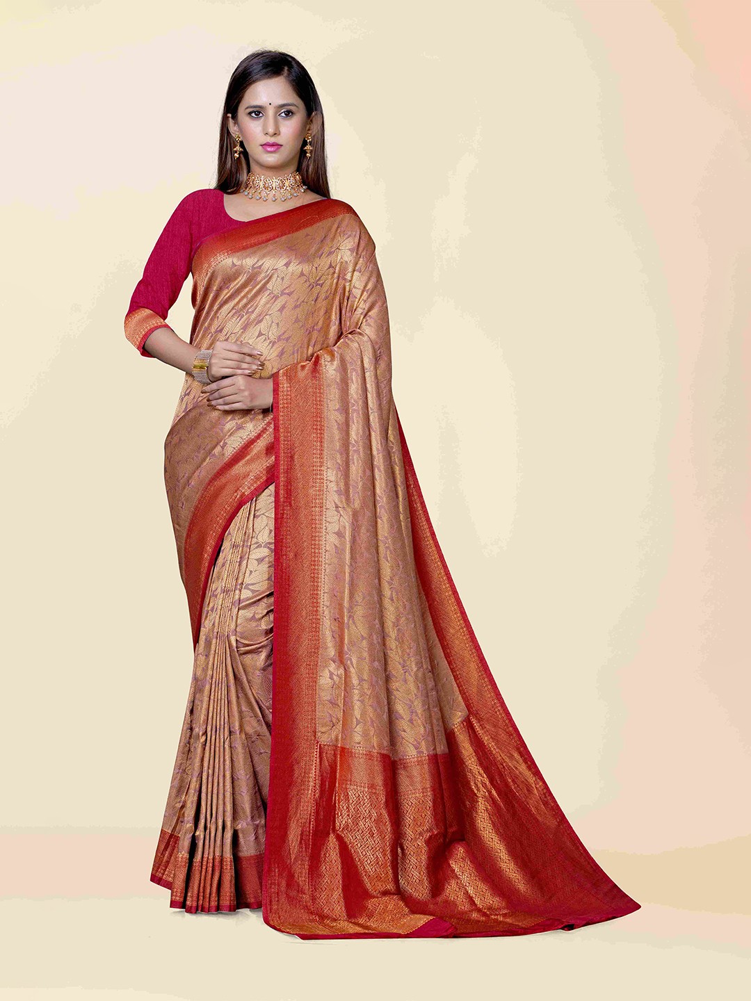 

KAJREE Beige & Red Woven Design Zari Brocade Kanjeevaram Saree