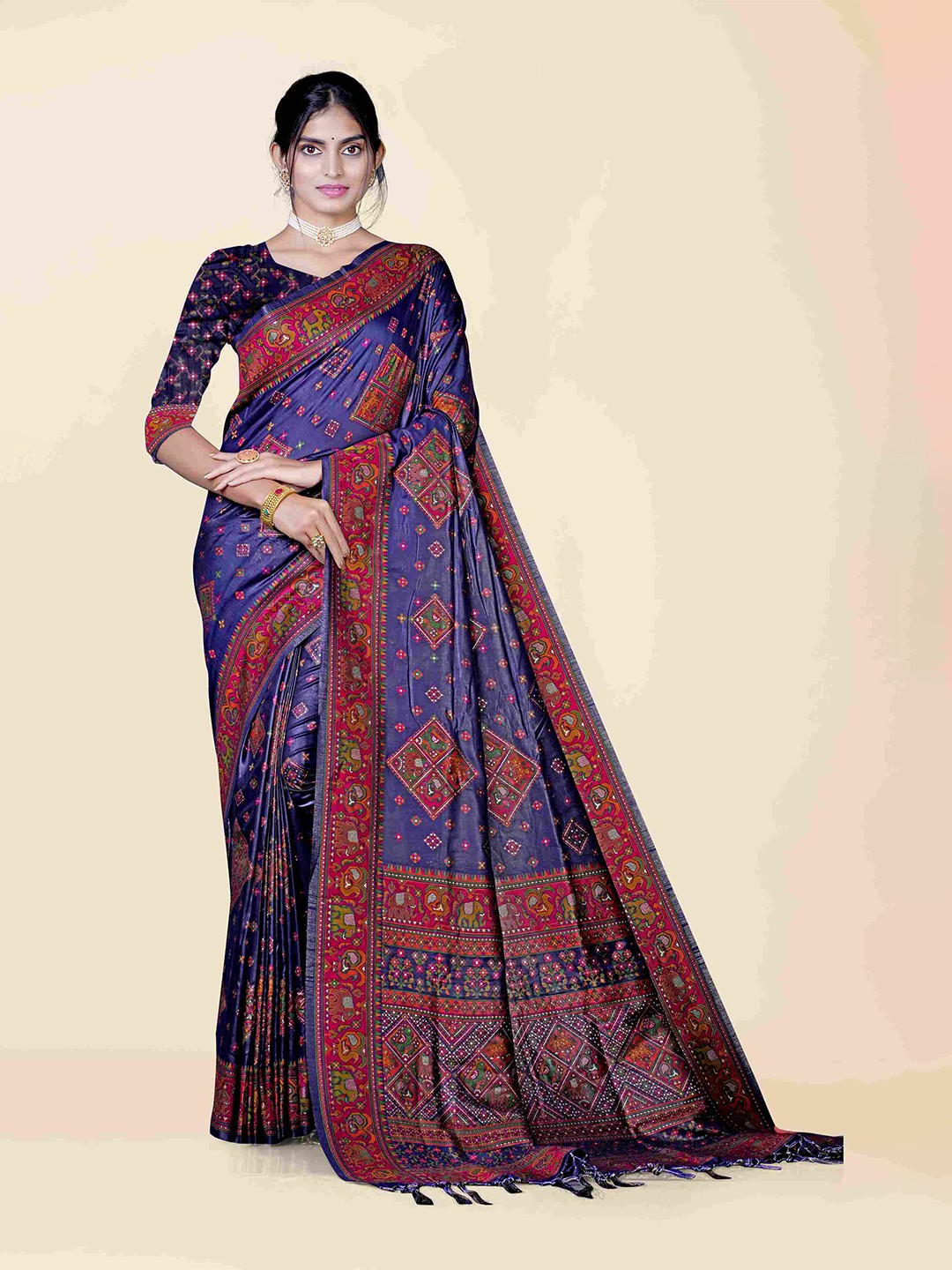 

KAJREE Navy Blue & Pink Ethnic Motifs Jamdani Saree
