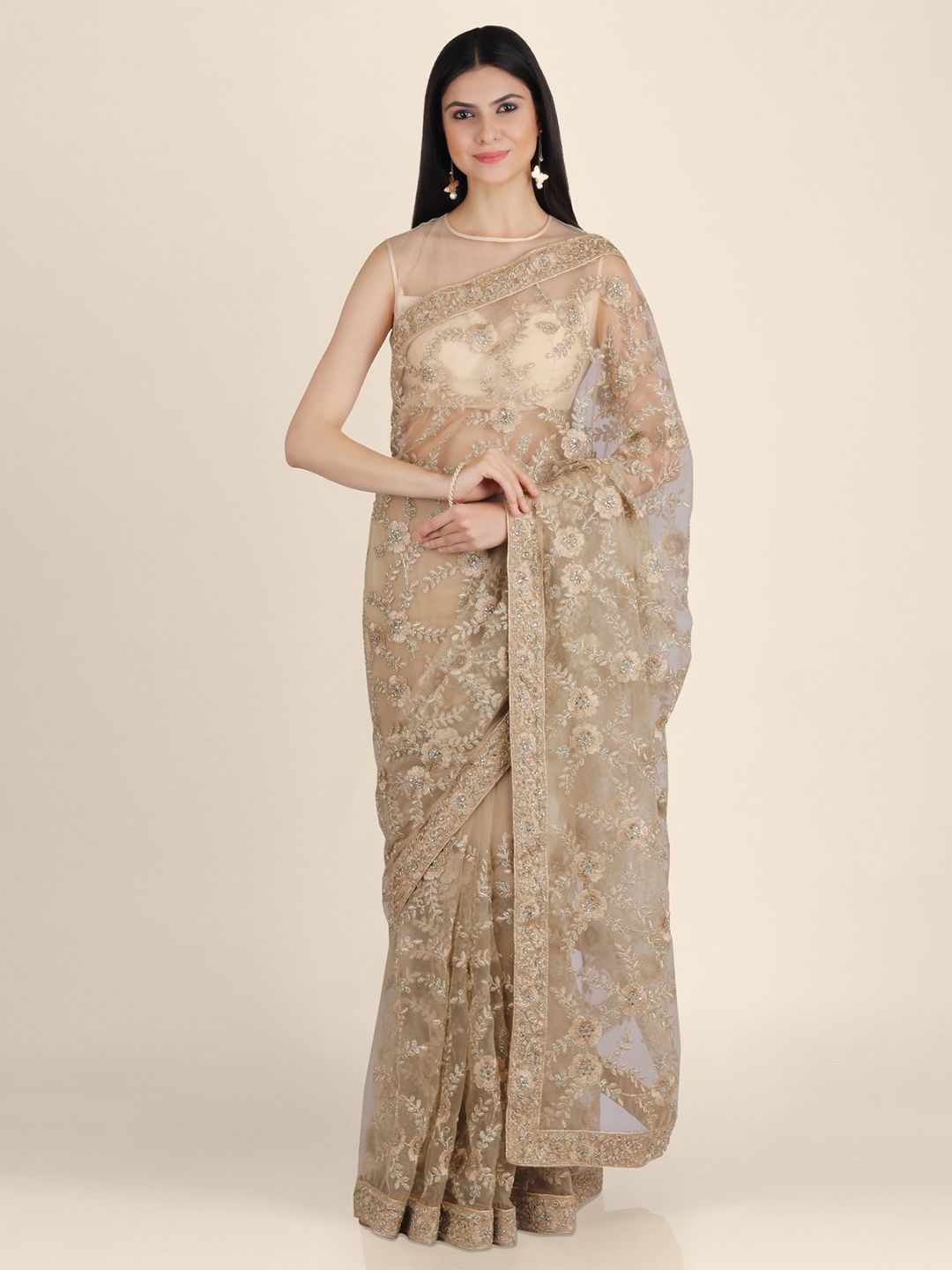 

KAJREE Gold-Toned Floral Embroidered Net Jamdani Saree