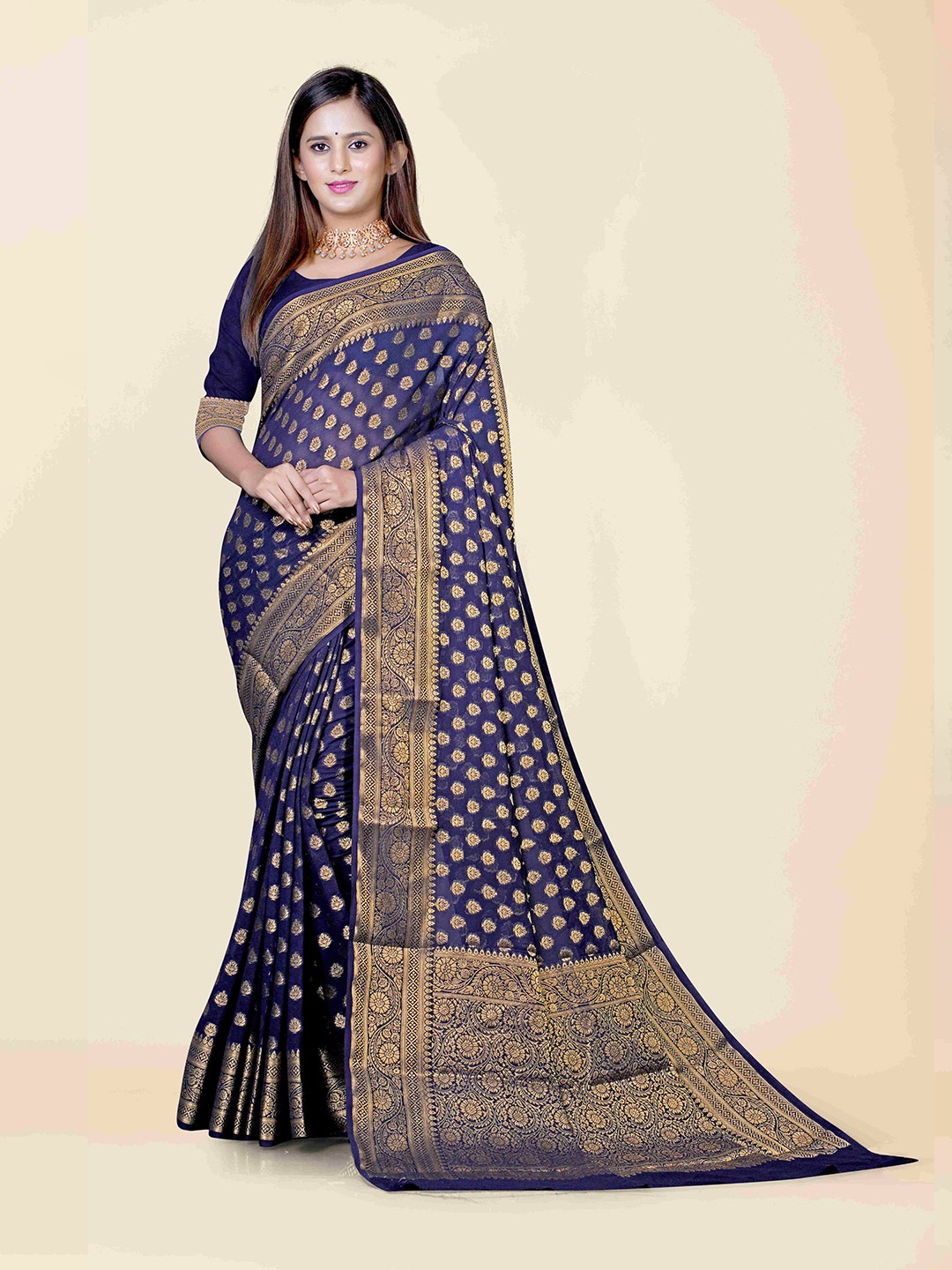 

KAJREE Navy Blue & Gold-Toned Woven Design Zari Pure Georgette Banarasi Saree
