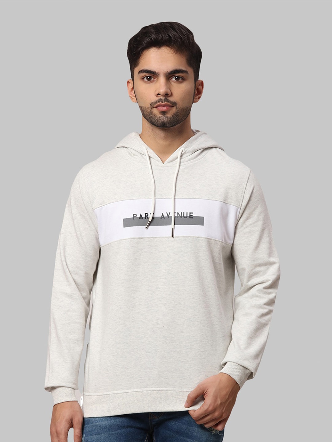 

Park Avenue Men Grey Printed Hooded Sweatshirt