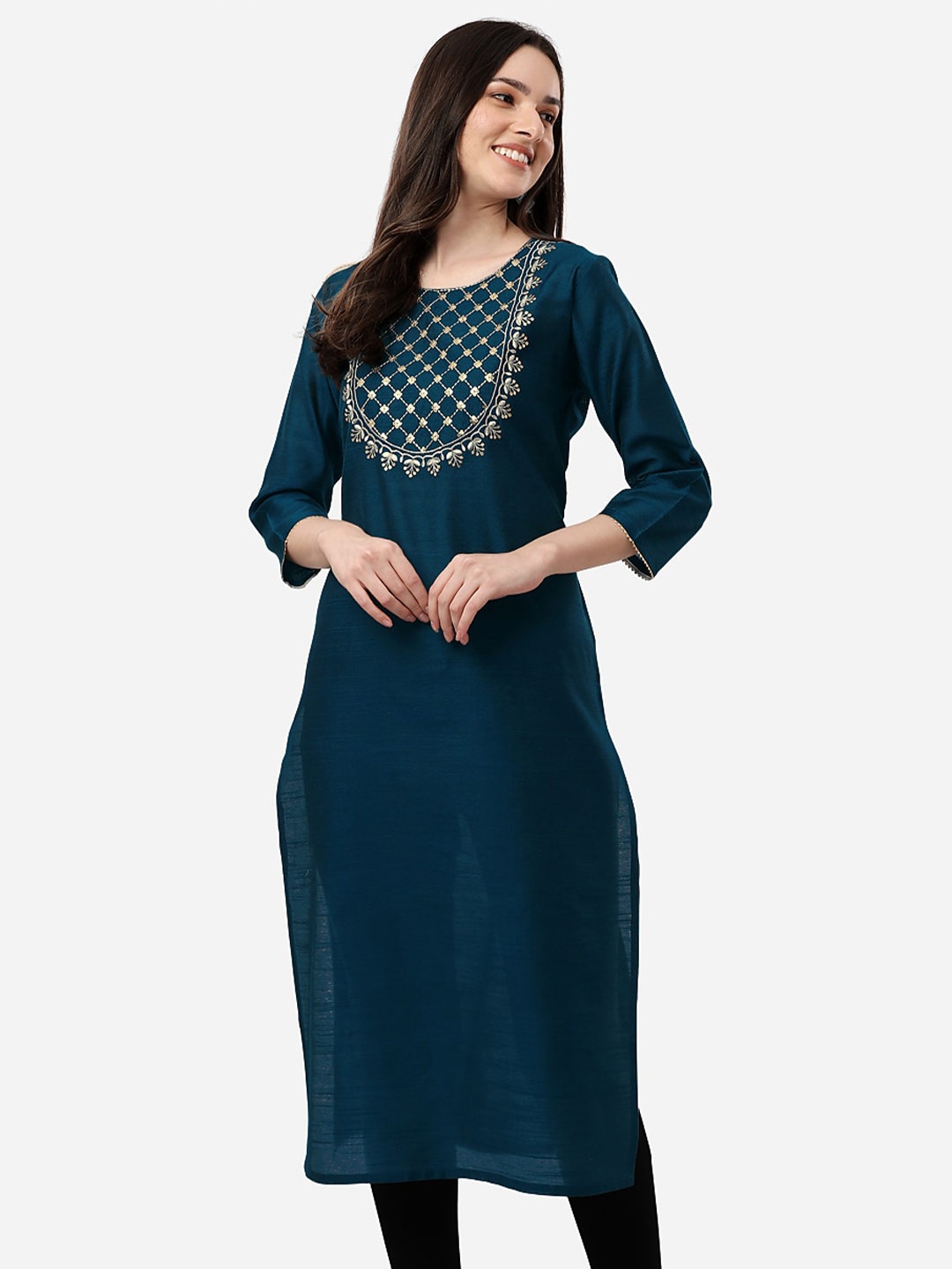 

HERE&NOW Women Teal Ethnic Motifs Embroidered Kurta