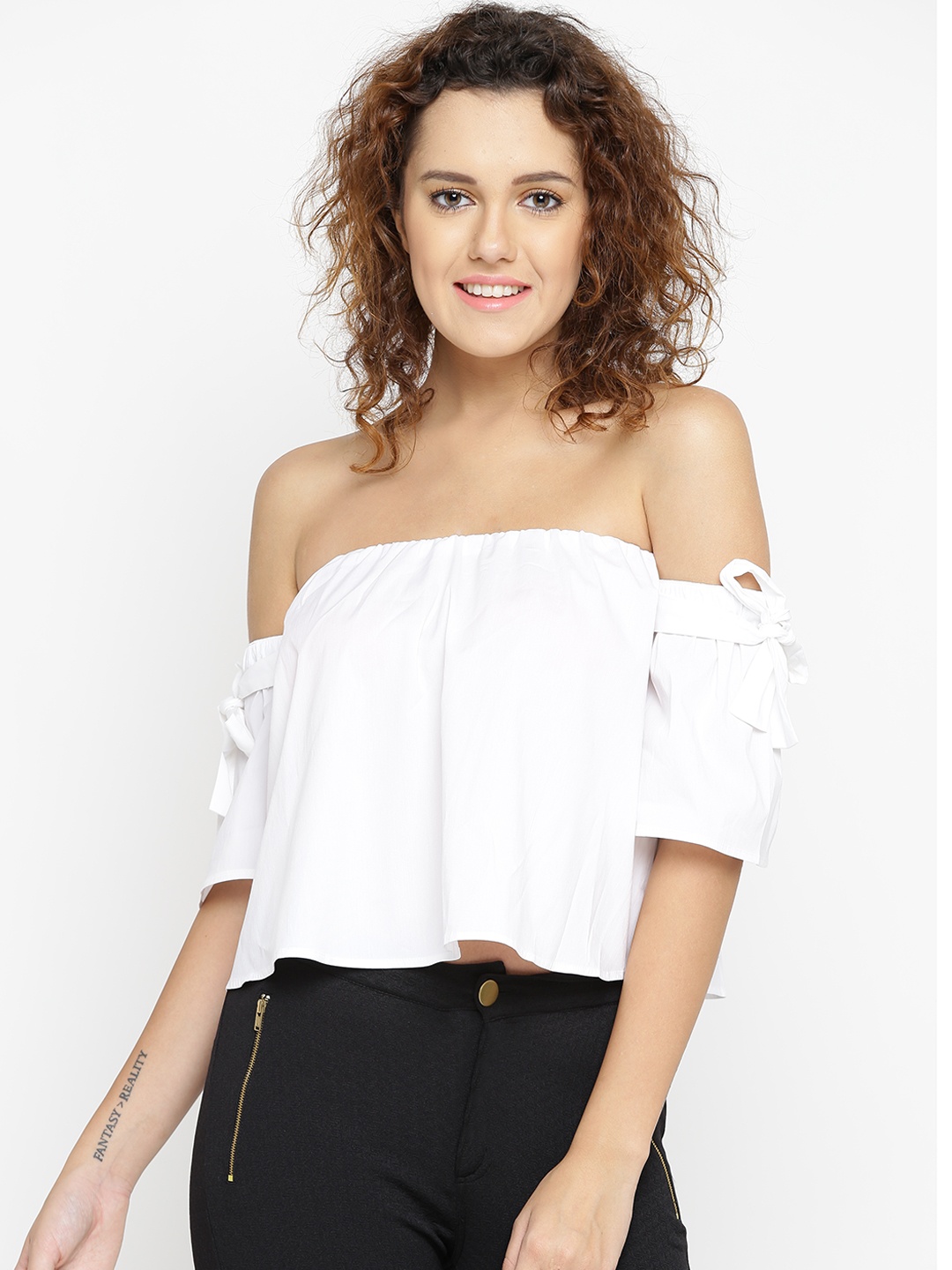 

FOREVER 21 Women White Solid Bardot Top