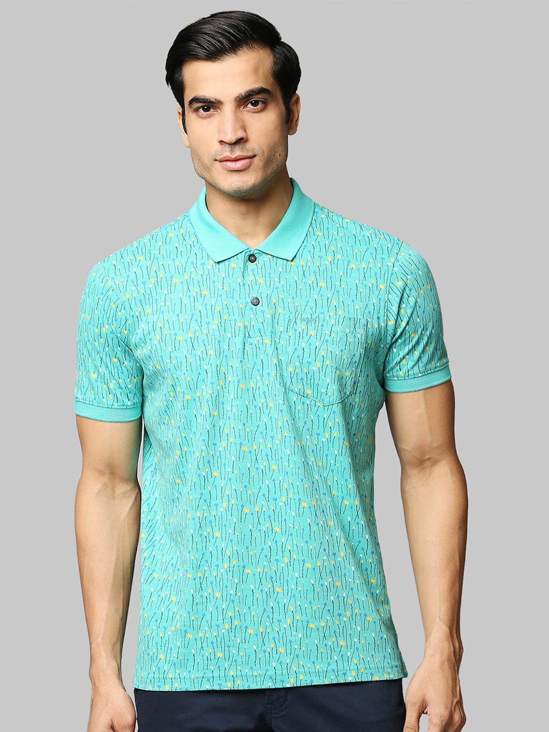 

Park Avenue Men Sea Green & Yellow Floral Printed Polo Collar Cotton Slim Fit T-shirt