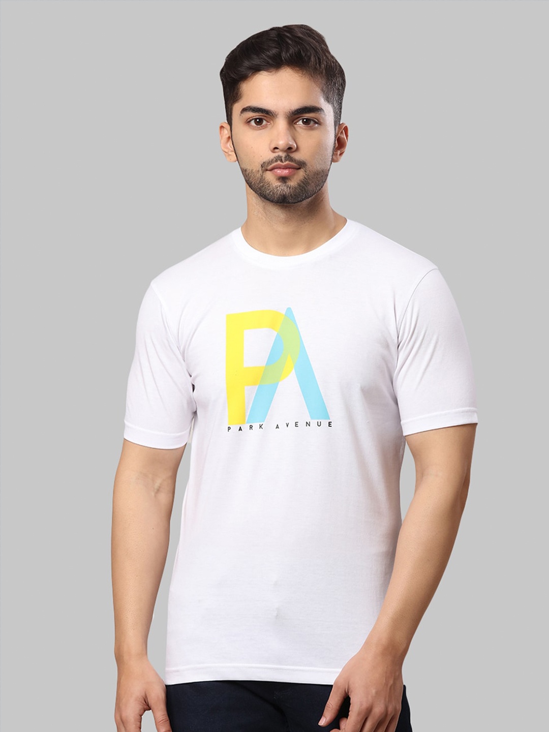 

Park Avenue Men White & Yellow Typography Printed Slim Fit T-shirt