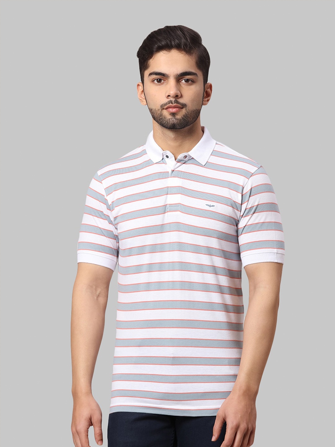 

Park Avenue Men Grey & White Striped Polo Collar Slim Fit T-shirt