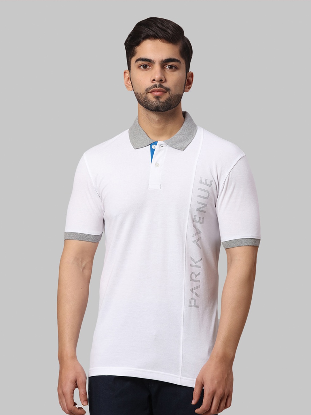 

Park Avenue Men White & Grey Brand Logo Printed Polo Collar Slim Fit T-shirt