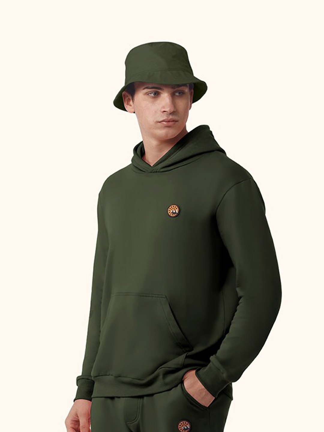 

PANGOLIN Men Olive Green Cotton Hooded Sweatshirt