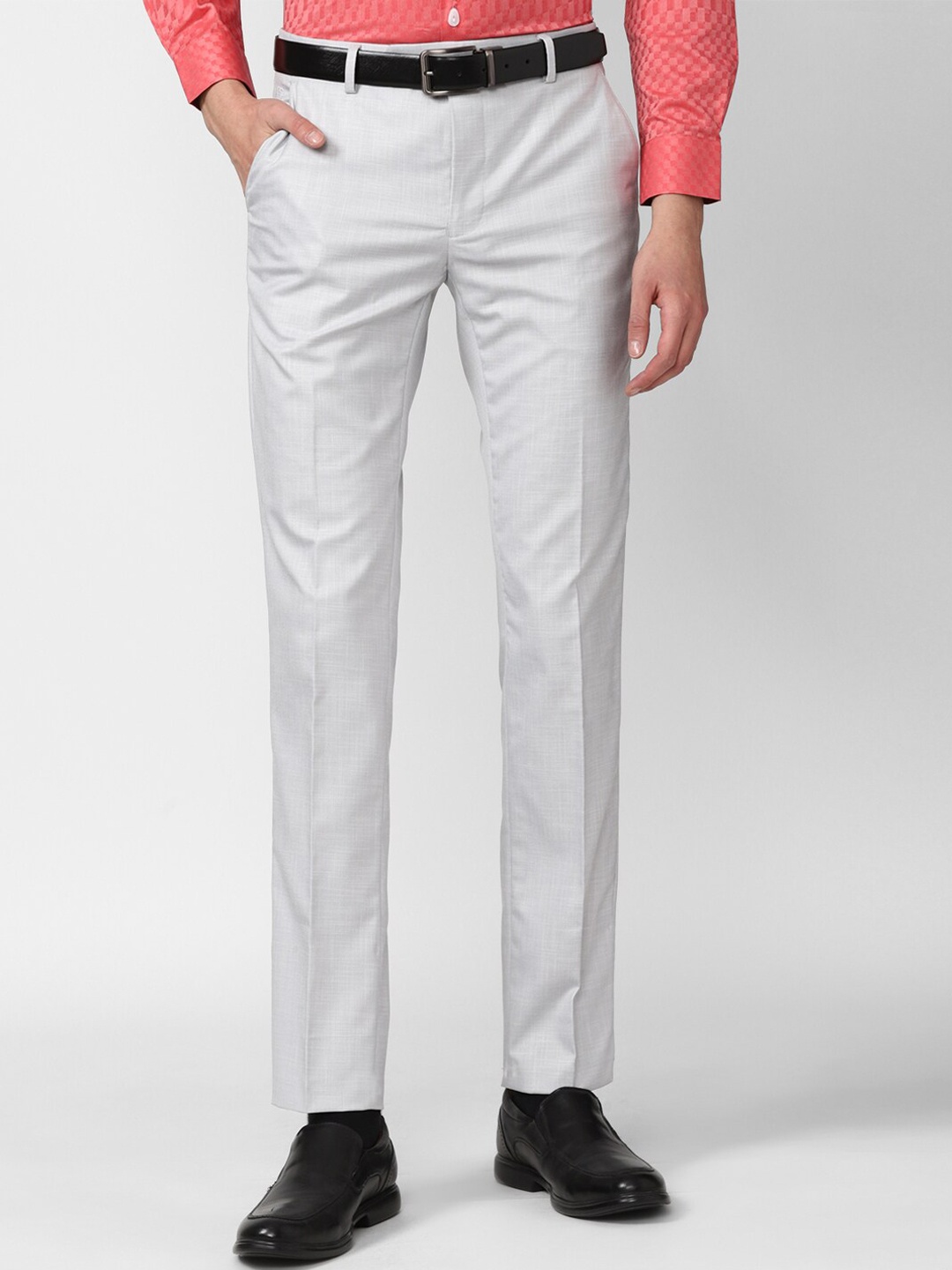 

Peter England Men Grey Textured Slim Fit Trousers