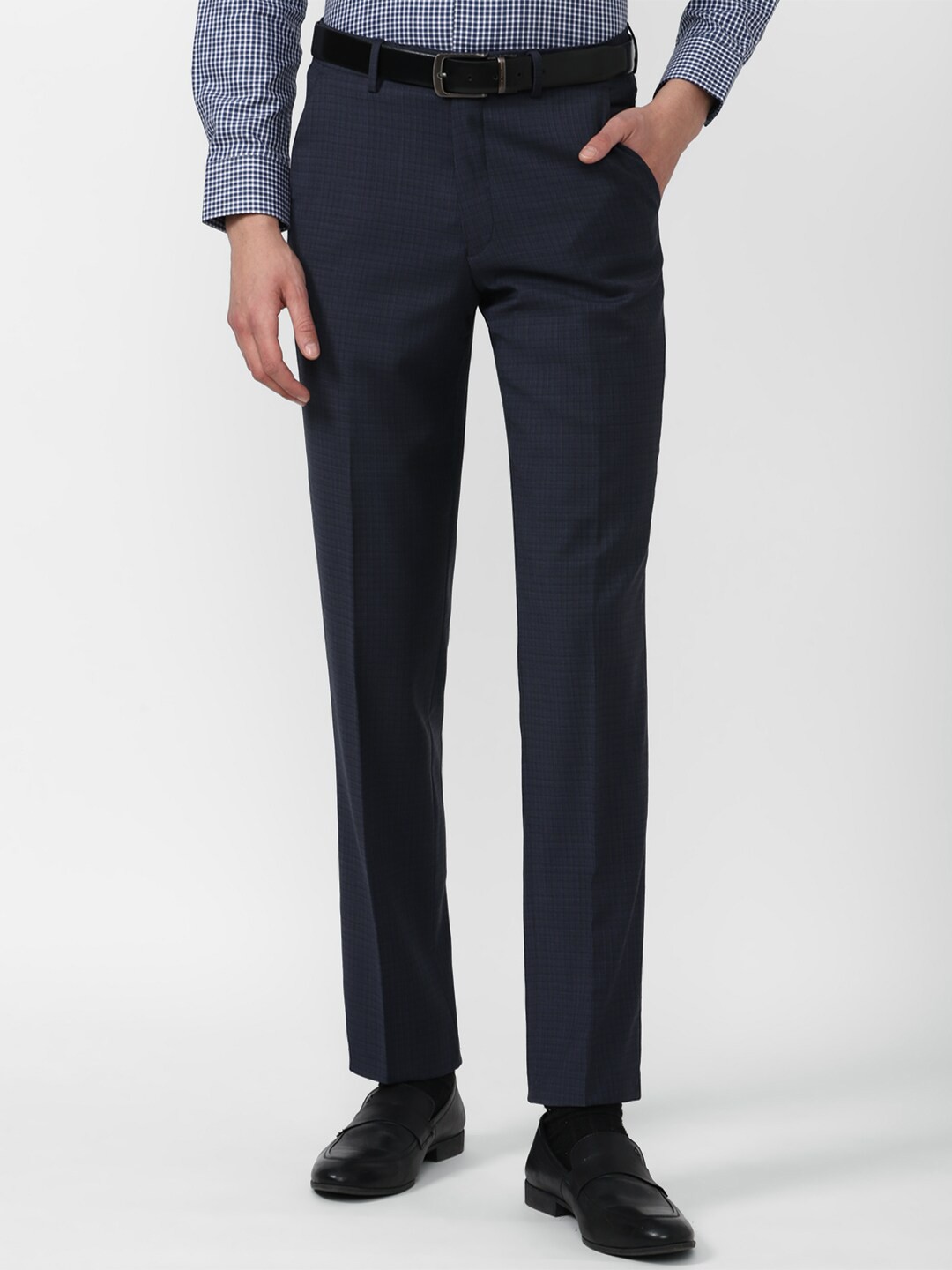 

Van Heusen Men Navy Blue Checked Trousers