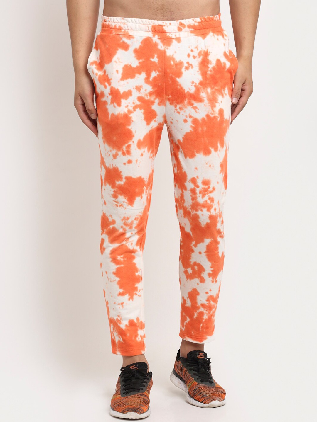 

DOOR74 Men Orange-Coloured & White Tie & Dye Printed Relaxed-Fit Pure Cotton Track Pant