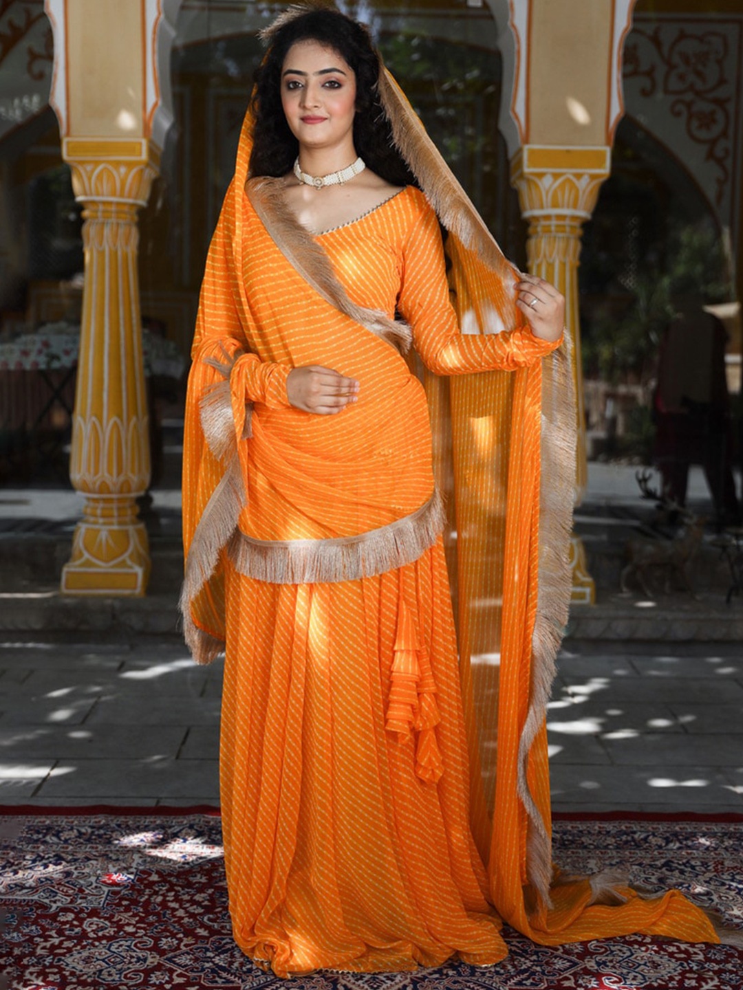 

OneWe Orange & Gold-Toned Printed Ready to Wear Lehenga & Blouse With Dupatta