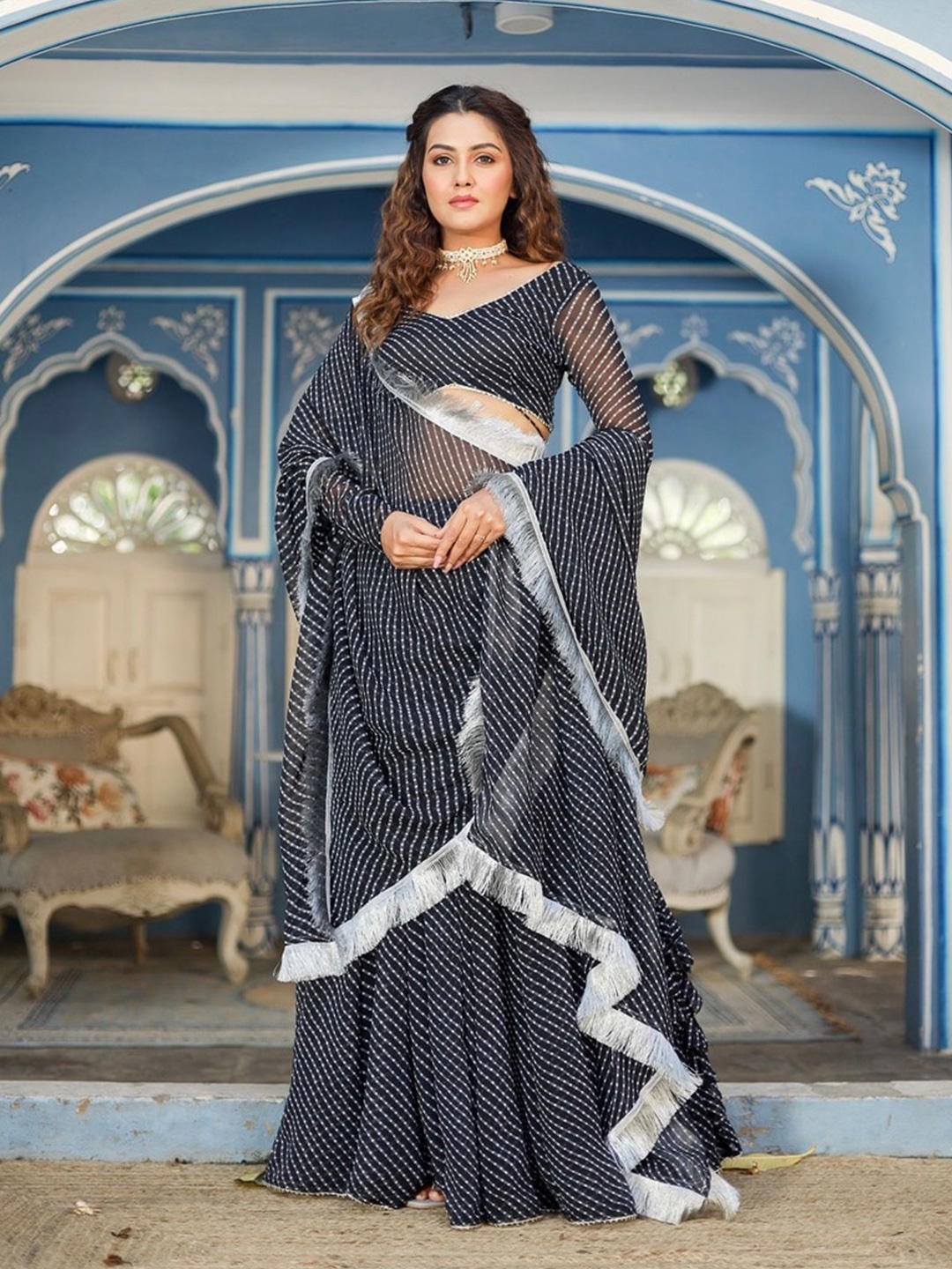 

OneWe Black & Silver-Toned Printed Ready to Wear Lehenga & Blouse With Dupatta