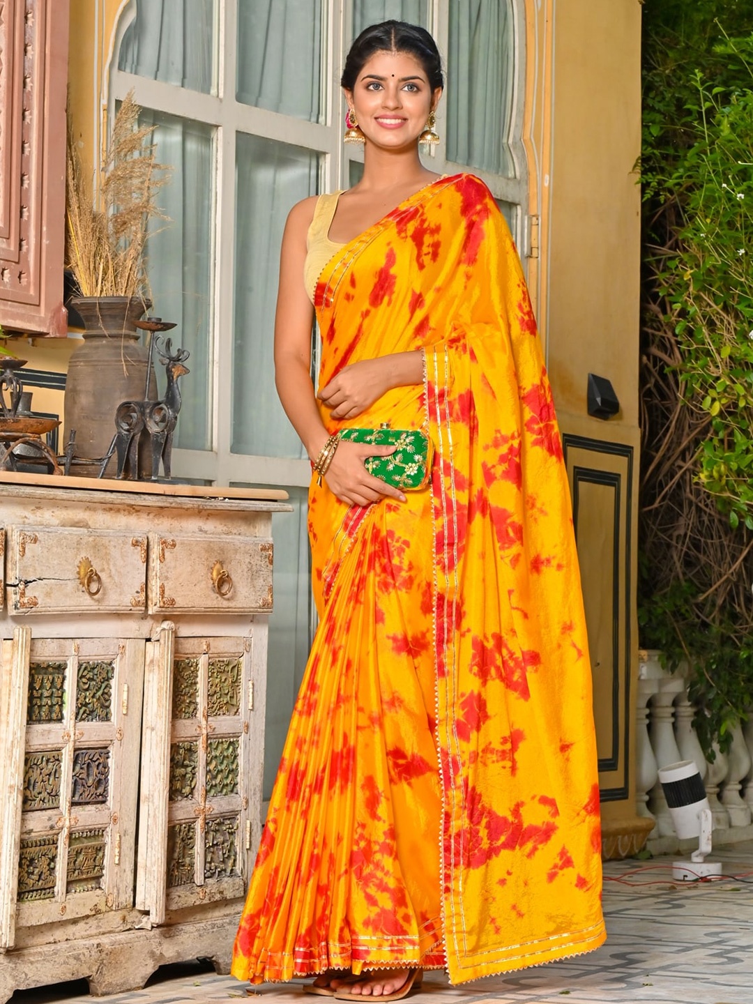 

Indi INSIDE Mustard & Red Tie and Dye Silk Blend Saree