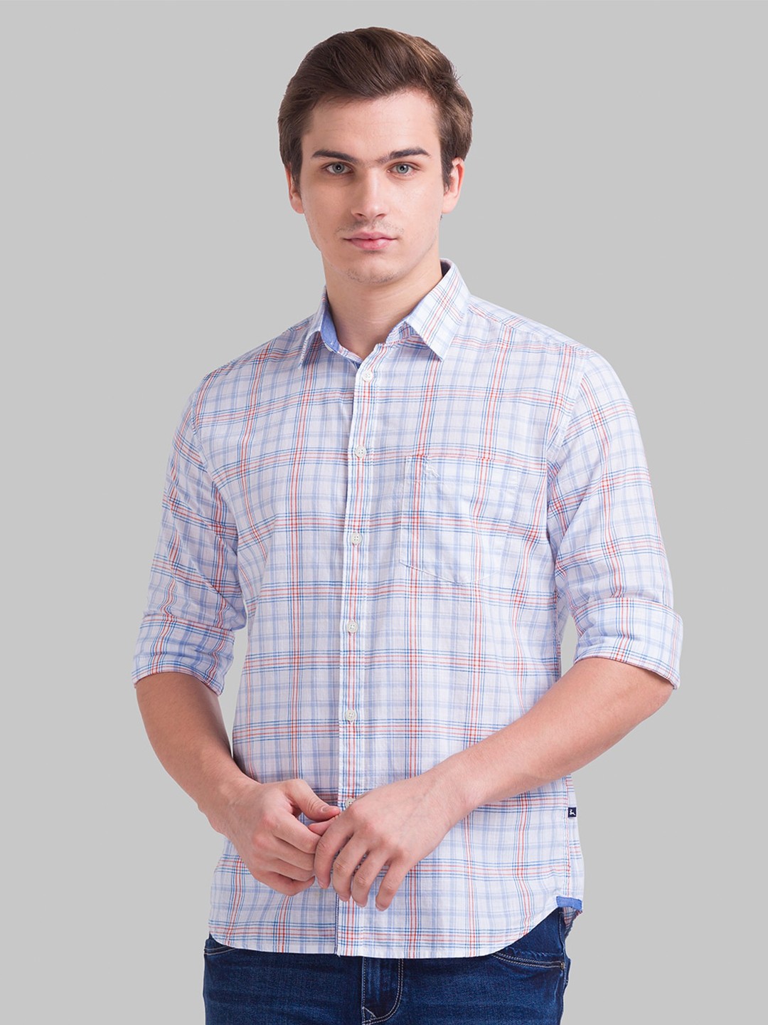 

Parx Men Blue Slim Fit Tartan Checks Checked Cotton Casual Shirt