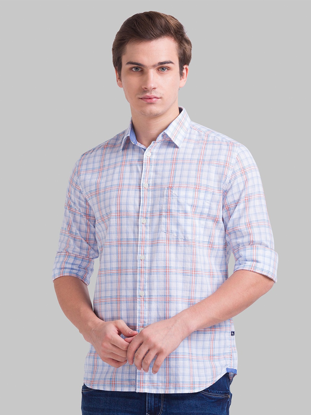 

Parx Men Slim Fit Tartan Checks Checked Cotton Casual Shirt, Blue