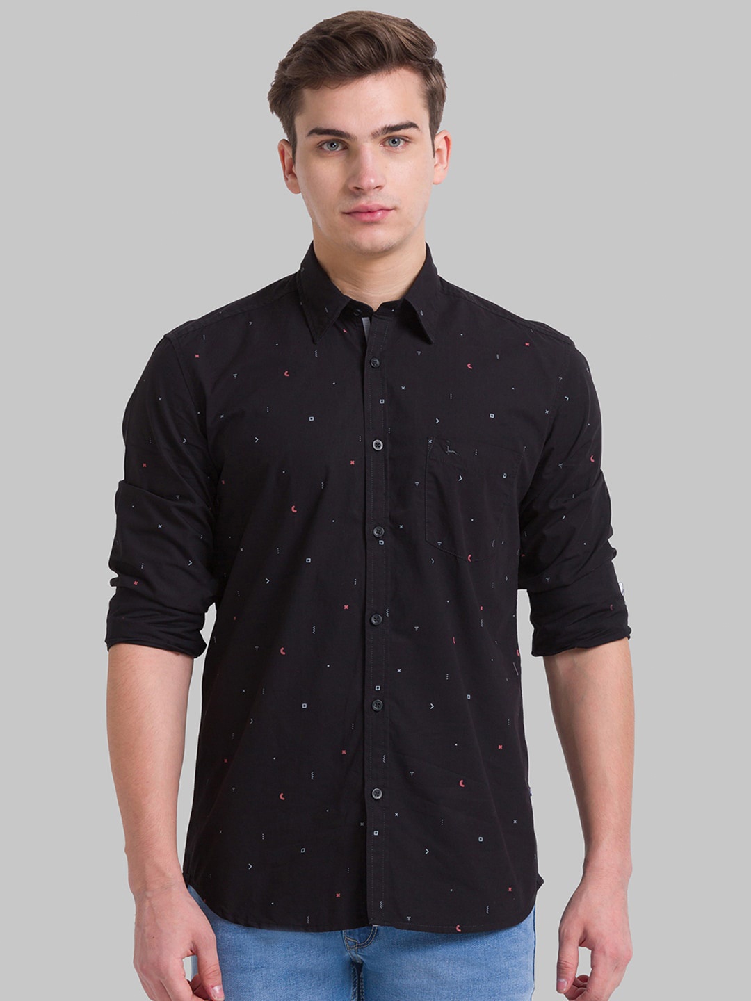

Parx Men Black Slim Fit Printed Cotton Casual Shirt