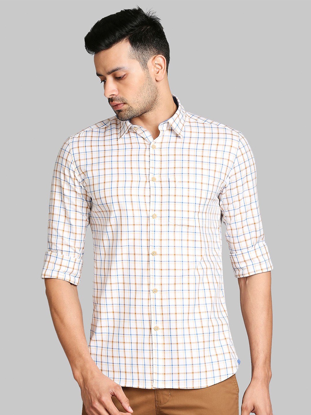 

Parx Men Beige Slim Fit Grid Tattersall Checked Cotton Casual Shirt