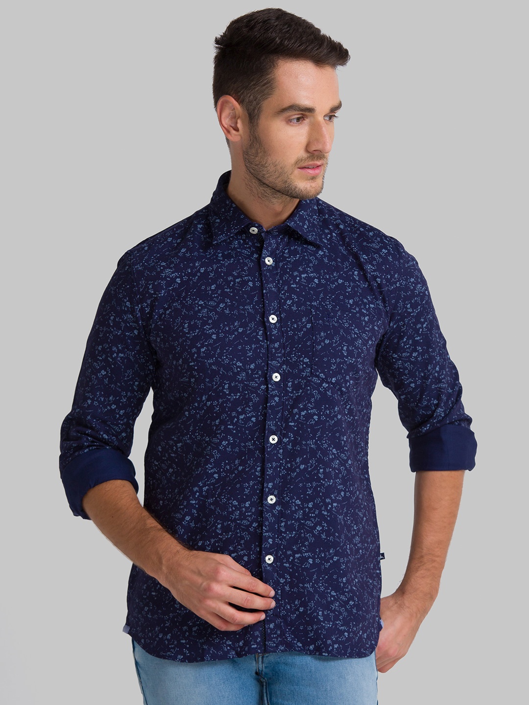 

Parx Men Blue Slim Fit Floral Printed Cotton Casual Shirt