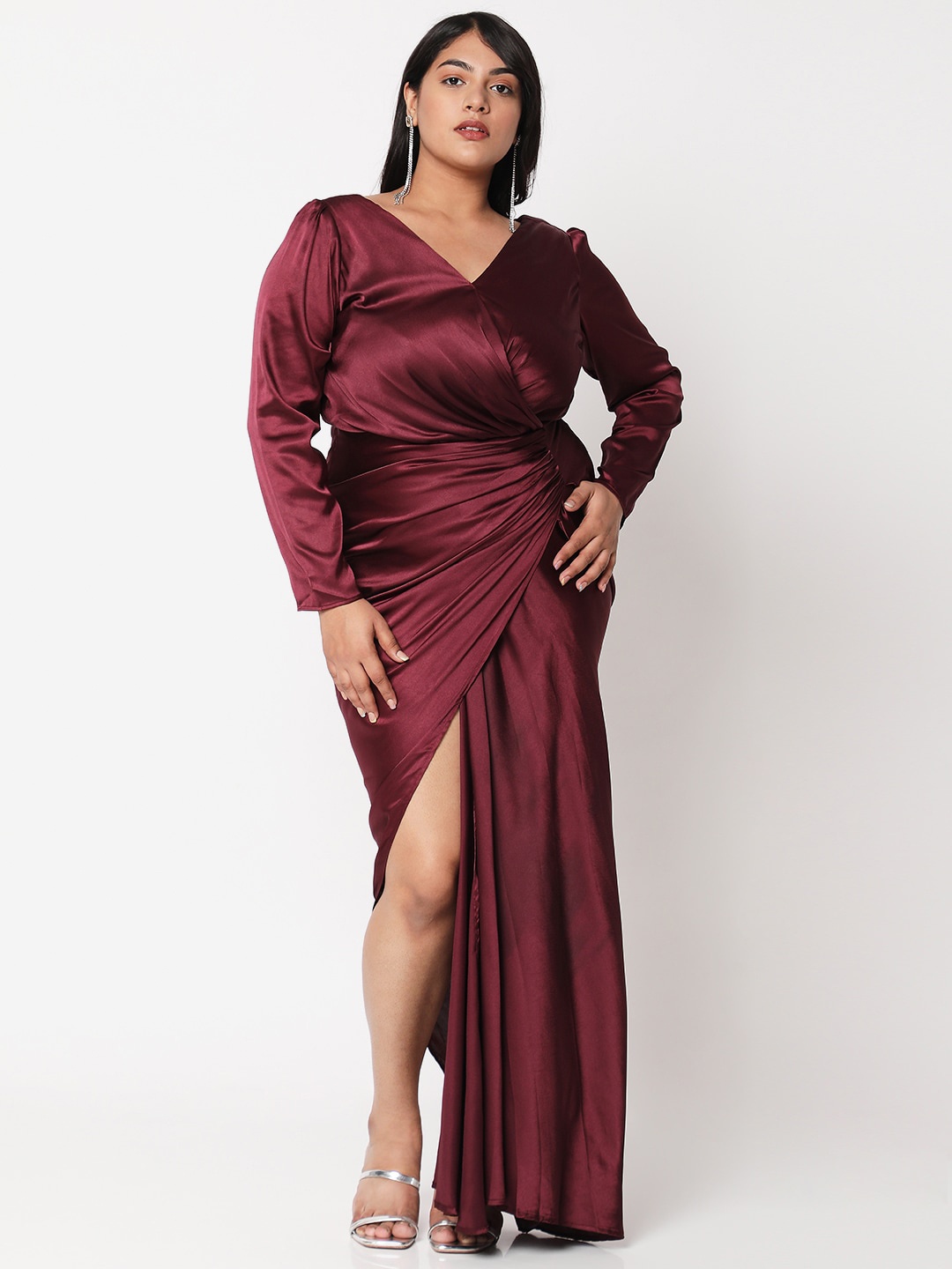 

Curves by MISH Plus Size Maroon Satin Maxi Dress