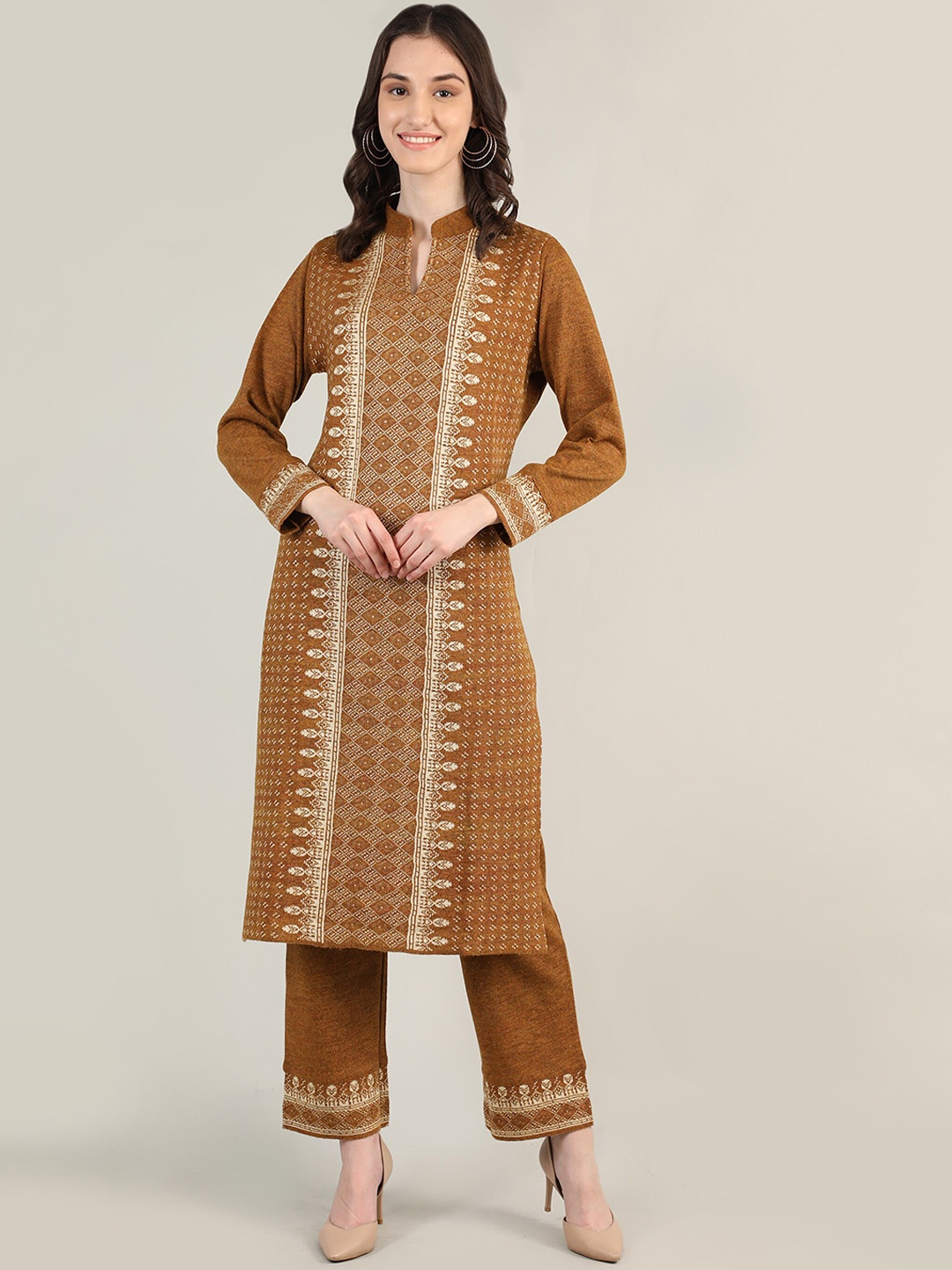 

MIKHAD Women Mustard Yellow Ethnic Motifs Pure Wool Kurta with Trousers