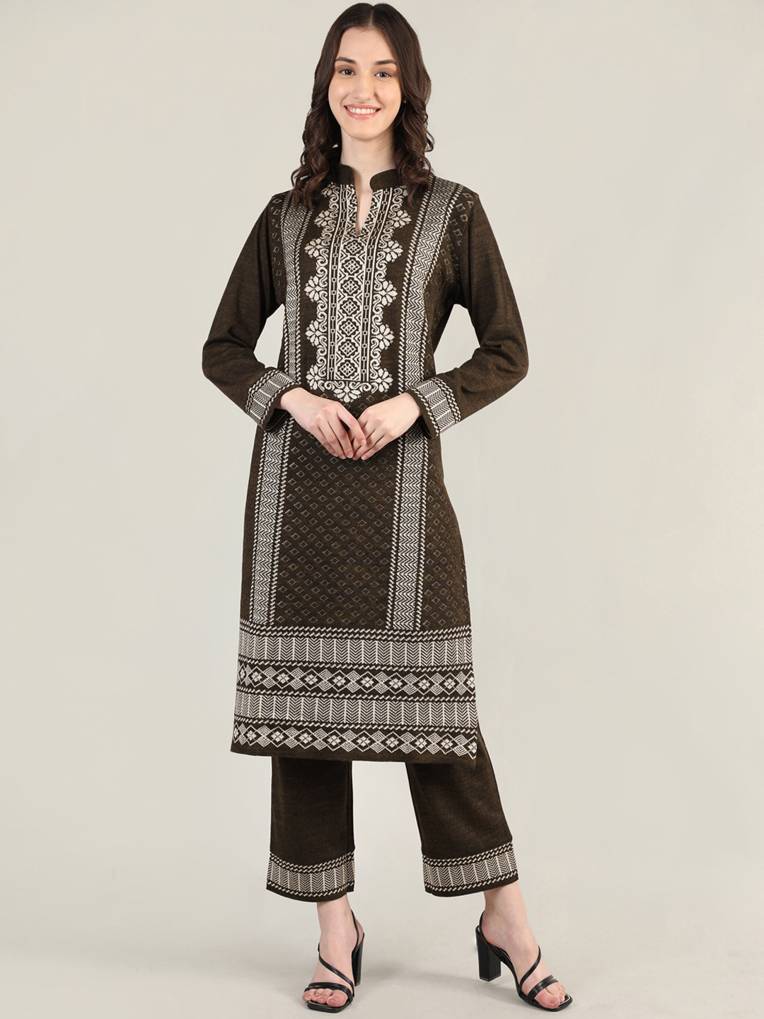 

MIKHAD Women Coffee Brown Printed Pure Wool Kurta with Trousers