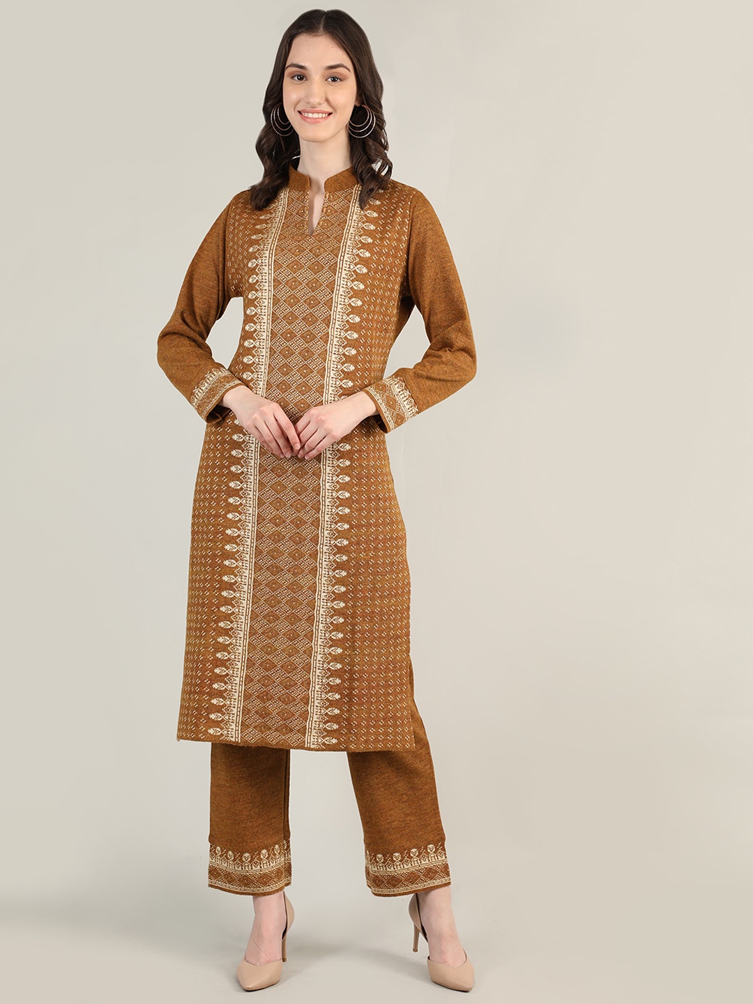 

MIKHAD Women Mustard Yellow Ethnic Motifs Printed Pure Wool Kurta with Trousers