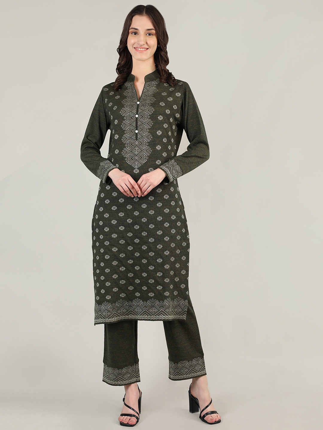 

MIKHAD Women Olive Green Printed Pure Wool Kurta with Trousers