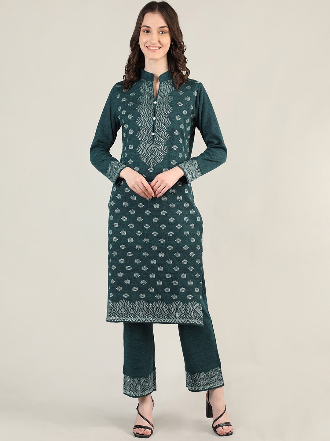 

MIKHAD Women Teal Printed Pure Wool Kurta with Trousers