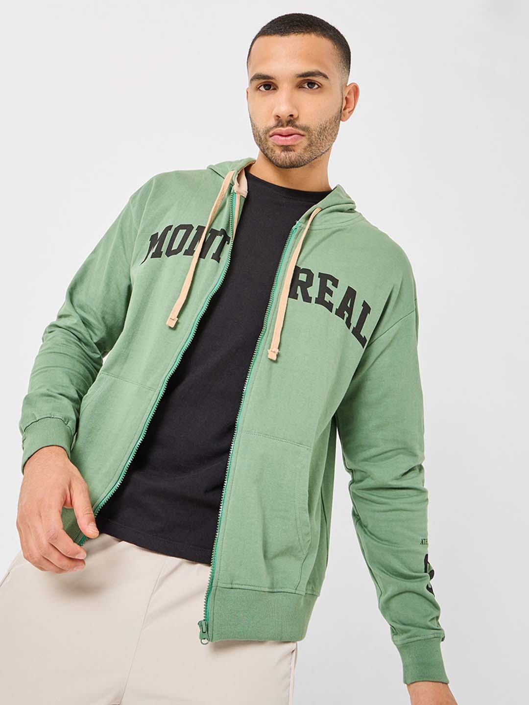 

Styli Text Printed Boxy Front Zip Sweatshirt, Green