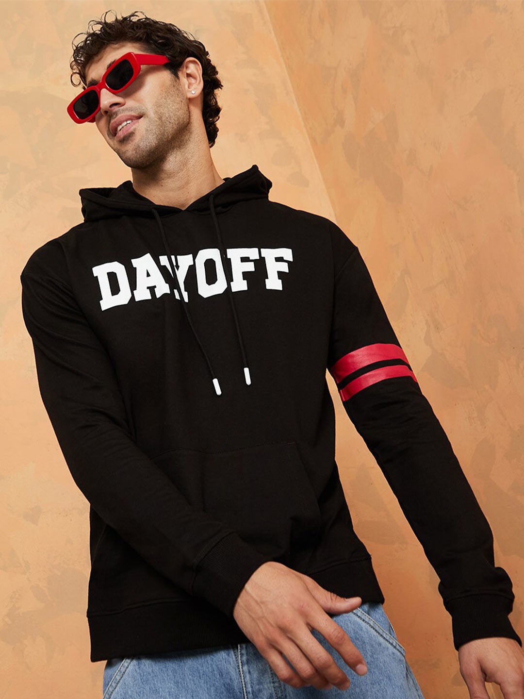 

Styli Black Chest Slogan regular fit printed hoodie with contrast stripe detail at sleeve
