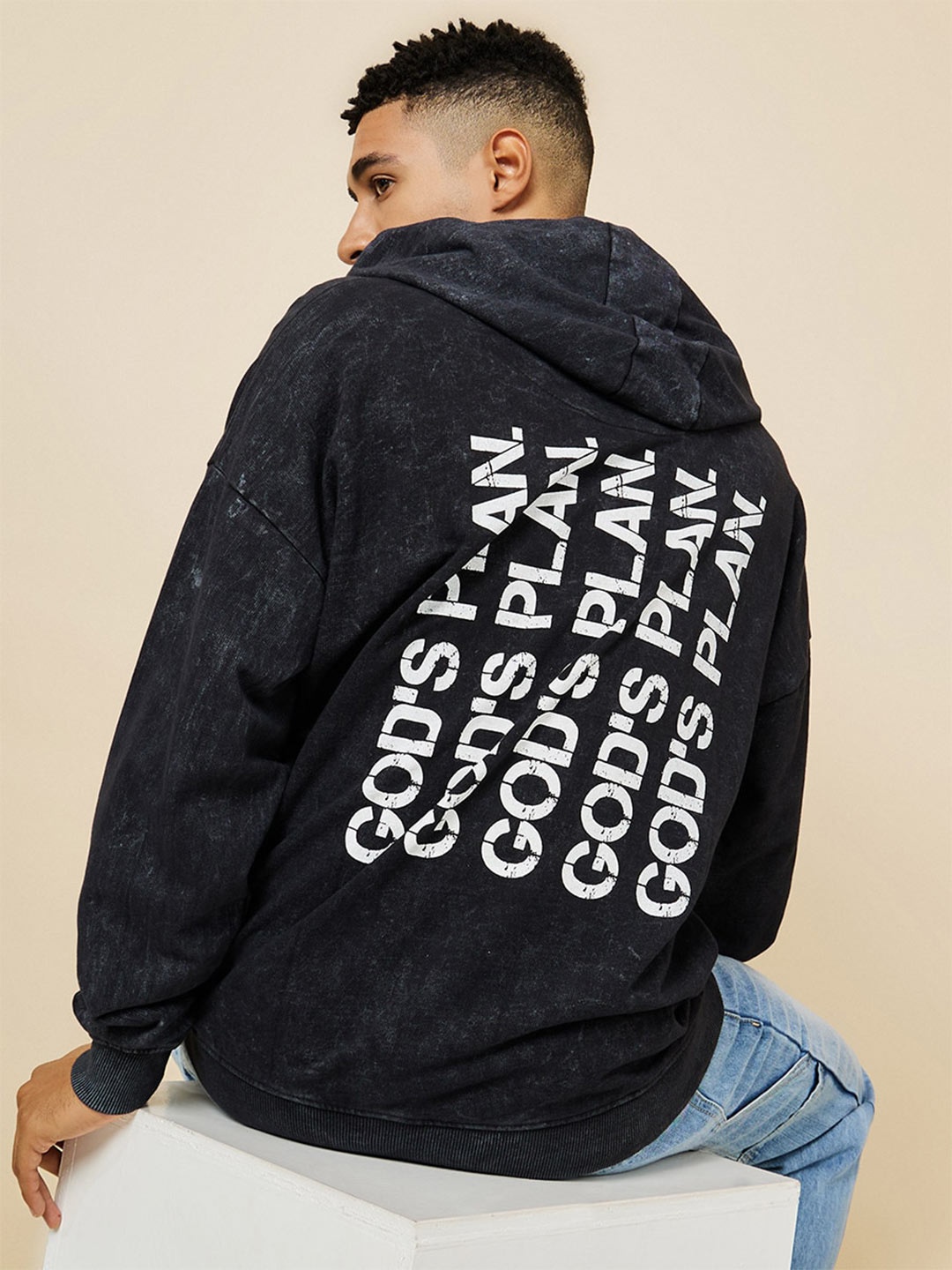 

Styli Acid Washed Graphic Printed Oversized Hoodie, Black