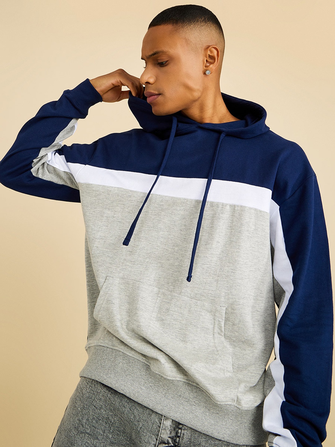 

Styli Pure Cotton Colourblocked Boxy Fit Hooded Sweatshirt, Green