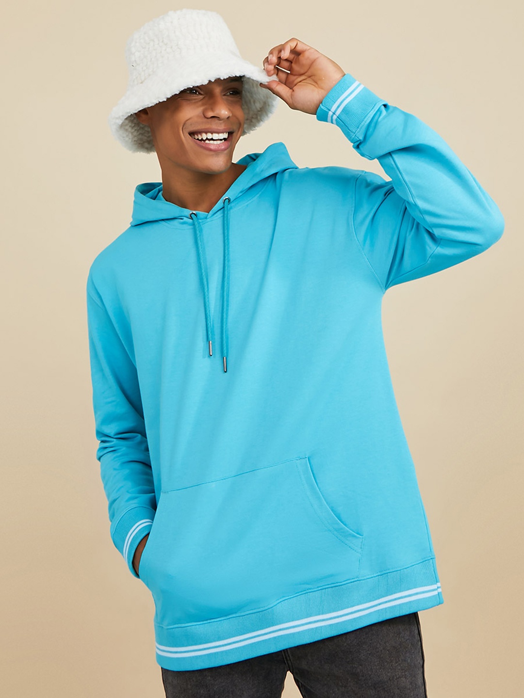 

Styli Rib Tipping Hooded Boxy Cotton Sweatshirt, Blue