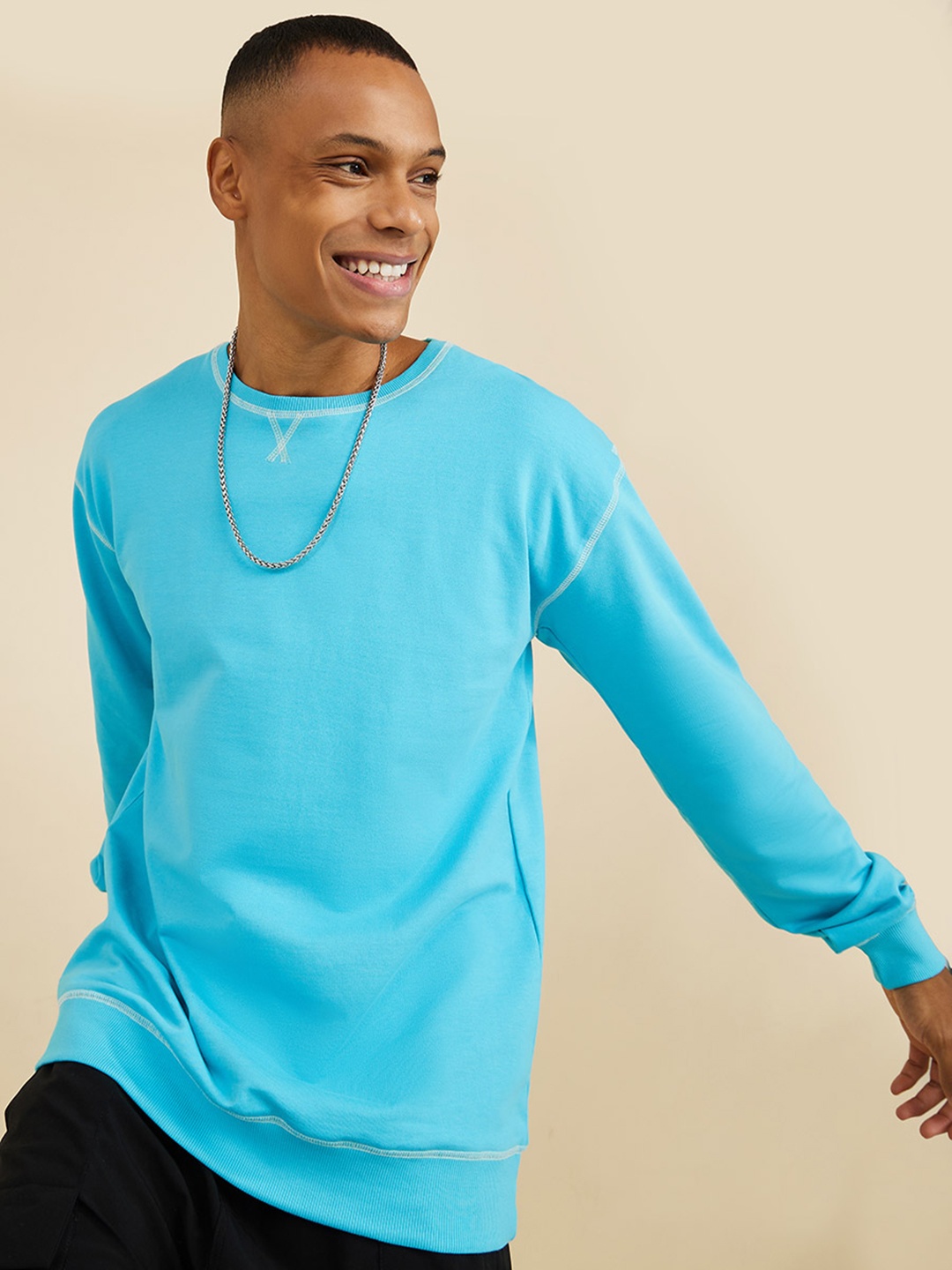 

Styli Round Neck Contrast Overlock Cotton Sweatshirt, Green