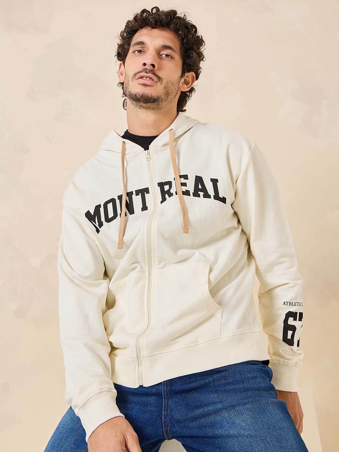 

Styli Boxy Printed Cotton Hooded Sweatshirt, Cream