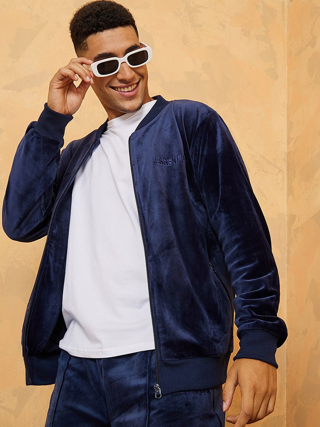 

Styli Mandarin Collar Velvet Finish Bomber Jacket with Embroidered Detail, Navy blue