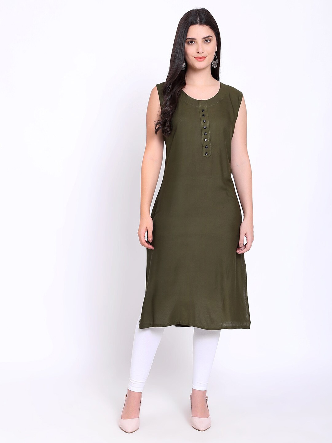 

Triveni Creation Round neck Sleeveless Straight Kurta, Olive