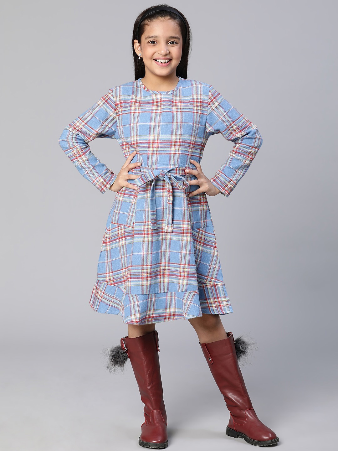 

Oxolloxo Blue Checked Tie-up A-Line Dress