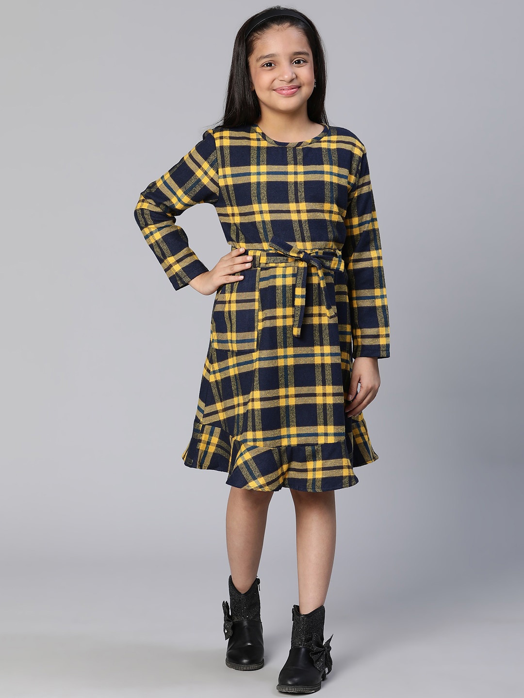 

Oxolloxo Navy Blue Checked Tie-up A-Line Dress