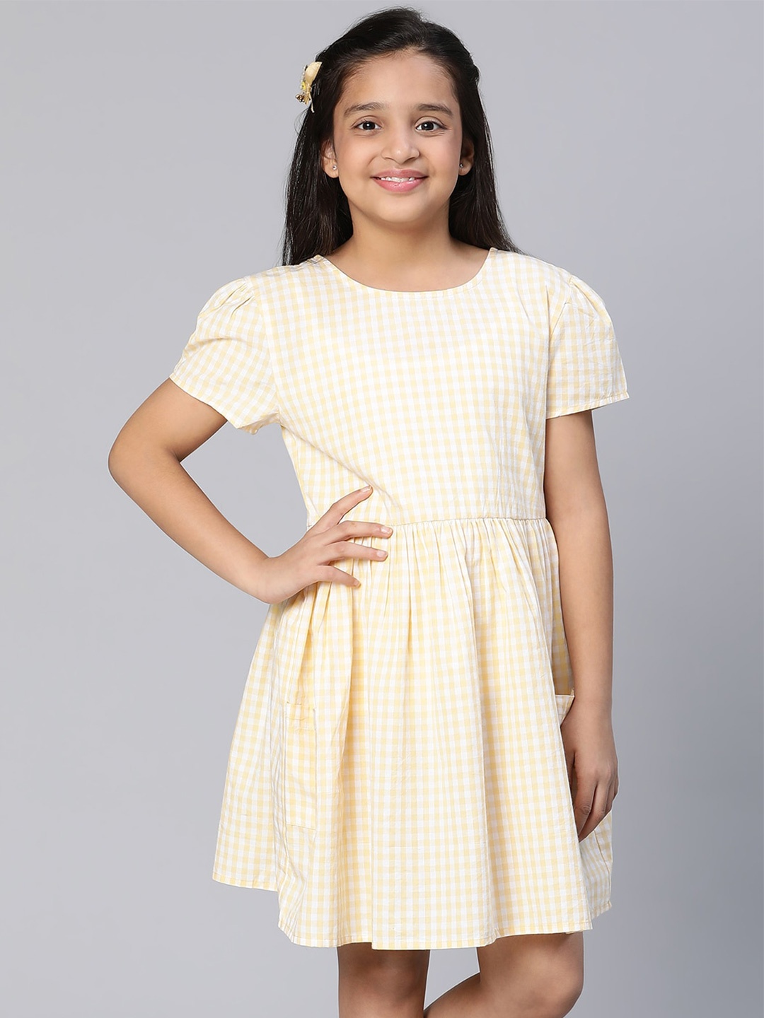 

Oxolloxo Girls Checked Puff Sleeves Cotton Fit and Flare Casual Dress, Yellow