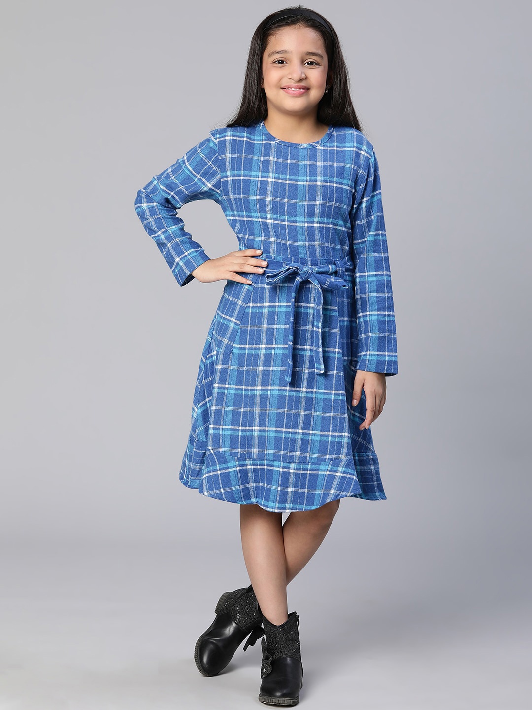 

Oxolloxo Blue Checked Tie-Up A-Line Dress