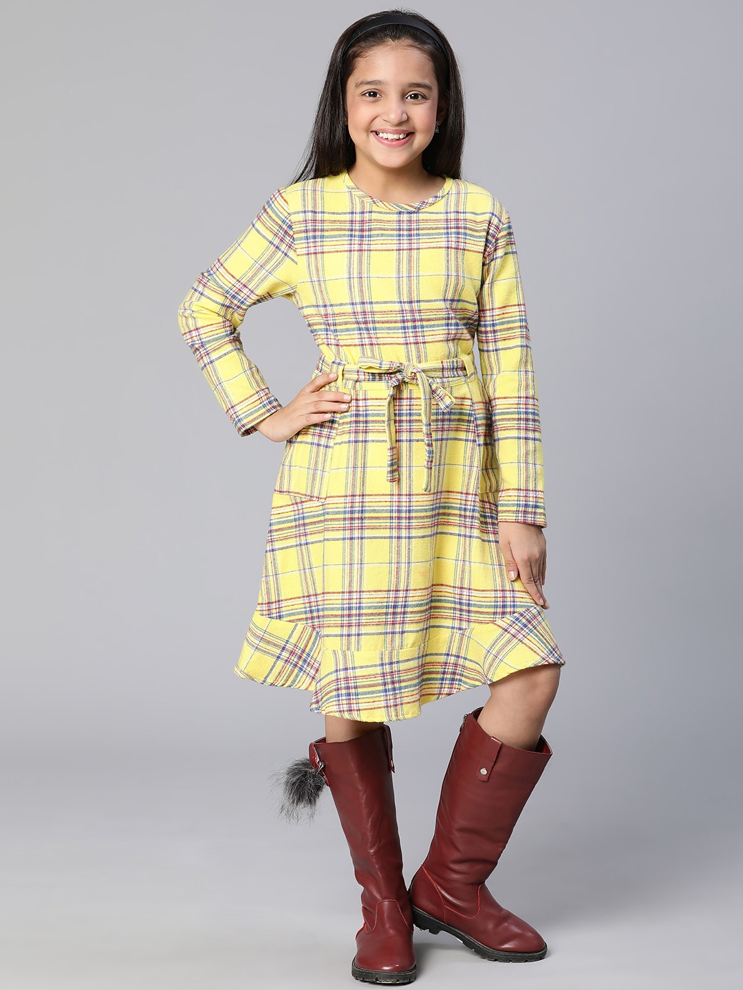 

Oxolloxo Checked Tie-up Dress, Yellow