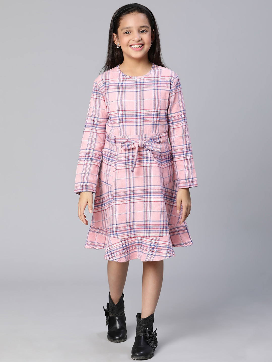 

Oxolloxo Pink Checked A-Line Tie-up Dress