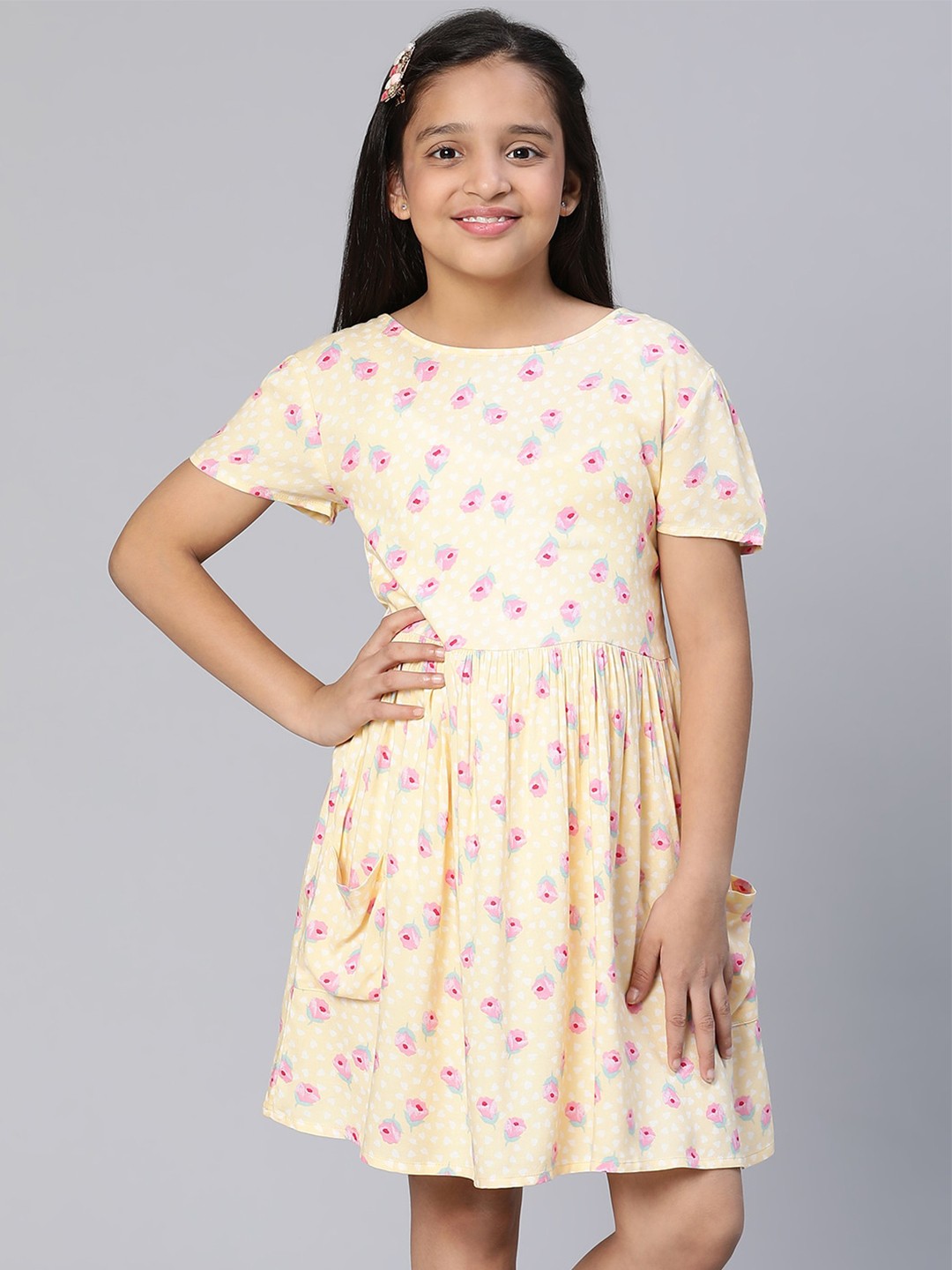 

Oxolloxo Floral Printed Fit & Flare Short Sleeves Dress, Yellow