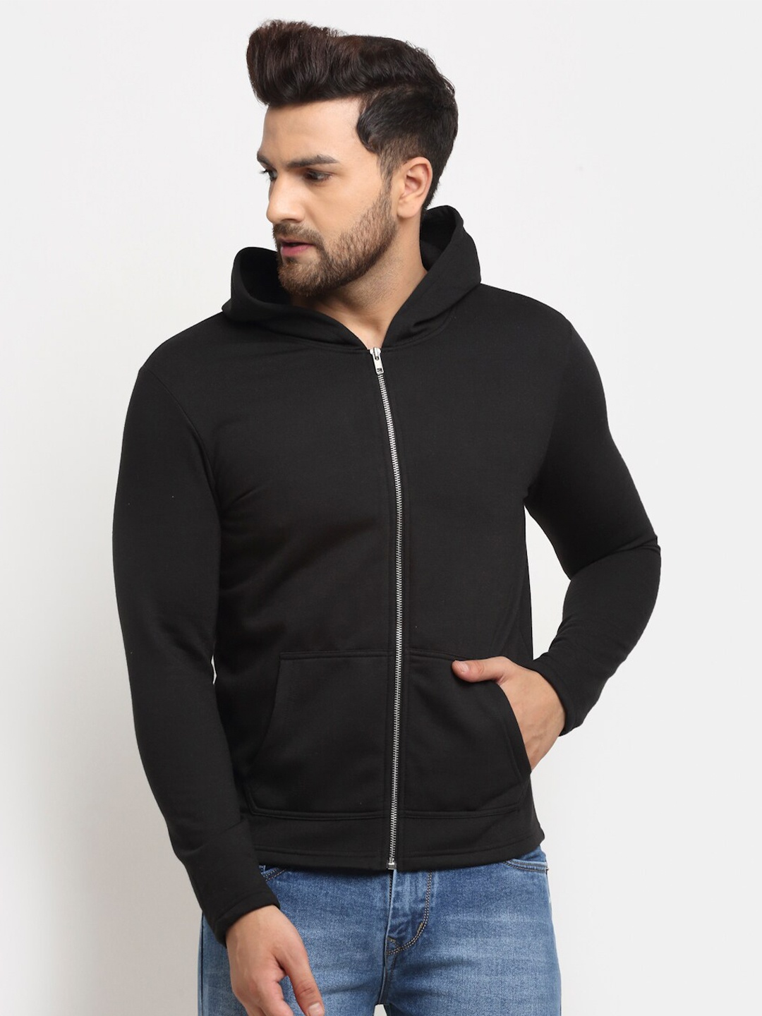 

DOOR74 Men Black Cotton Hooded Sweatshirt