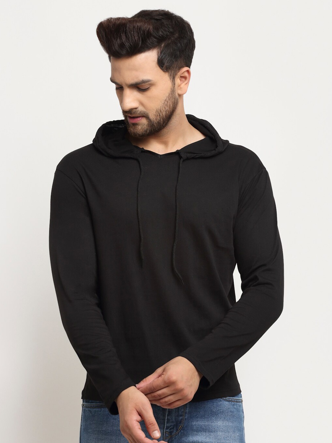 

DOOR74 Men Black Cotton Hooded Sweatshirt